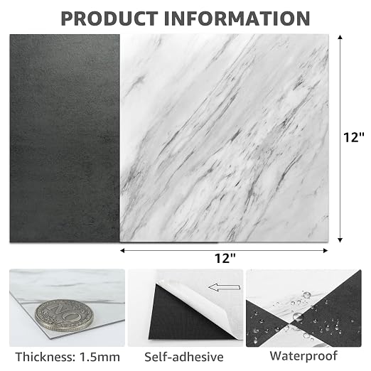Art3dwallpanels Peel and Stick Floor Tiles 30 Pack 12x12 in Black and White | Peel and Stick, Self Adhesive, Waterproof Vinyl Flooring, Marble Pattern, for Kitchen, Dining Room, Bedrooms, Cover 30 Sq. Ft