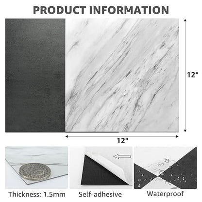 Art3dwallpanels Peel and Stick Floor Tiles 30 Pack 12x12 in Black and White | Peel and Stick, Self Adhesive, Waterproof Vinyl Flooring, Marble Pattern, for Kitchen, Dining Room, Bedrooms, Cover 30 Sq. Ft