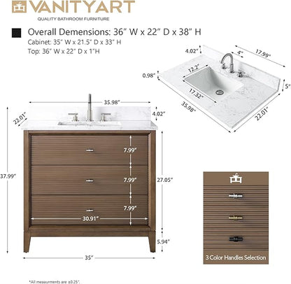 Vanity Art 36" Bathroom Vanity with Single Sink & Arabescato White Engineered Stone Top, Vanity Cabinet with Soft Closing Door, Solid Wood Frame, Golden Brushed Handles, Walnut VA8136-Walnut-GB