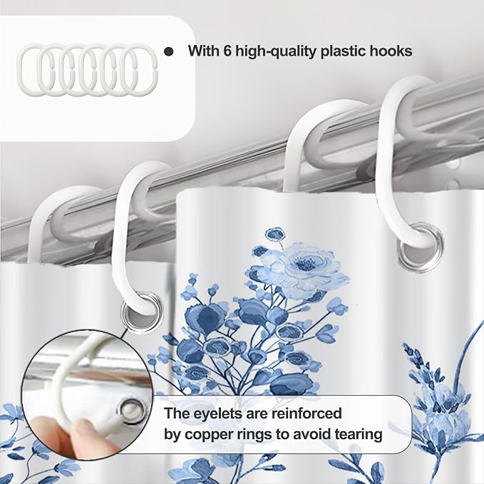 AWERT Small Half Size Stall Shower Curtain with 6 Hooks Shower Stall Curtain 36 x 72 Light Blue Floral 36 inch Shower Curtain for Bathroom/RV and Camper (Light Blue)