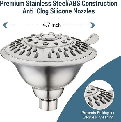 BRIGHT SHOWERS Shower Head High Pressure Rain Showerhead 5 Spray Setting Fixed Shower Head Angle Adjustable Bathroom Showerhead, Brushed Nickel