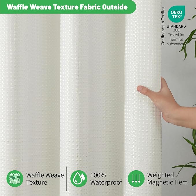 No Hook long Waffle Shower Curtain, No Liner Needed, 71x86 Inch, Cream | 100% waterproof TPU-laminated backing, magnetic weighted hem, machine washable, shower curtain set for bathroom or hotel use