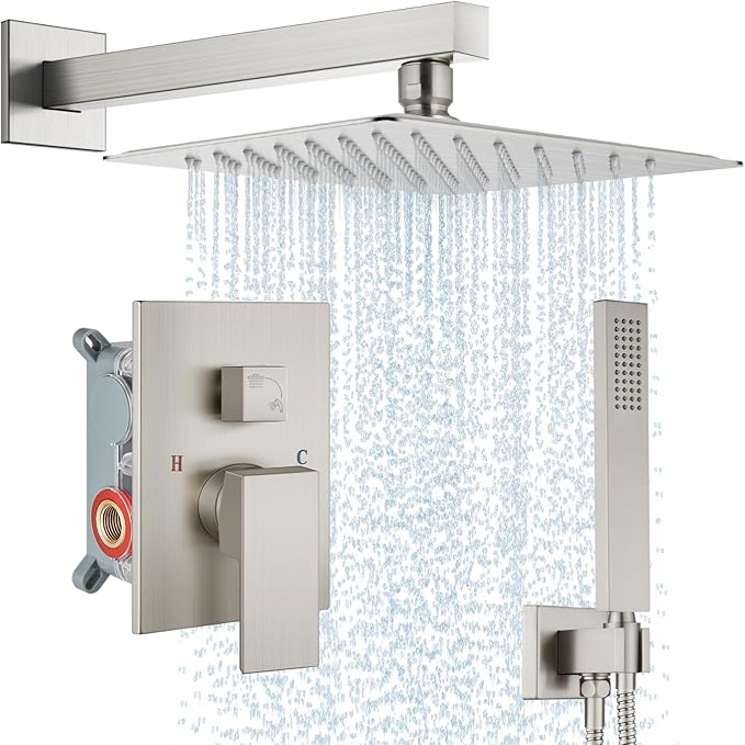 Midanya Shower Faucet Set,Wall Mount Shower System with Square Rain Shower Head and Hand Sprayer, Rough-in Valve Body and Trim Kit Included,12 Inch,Brushed Nickel