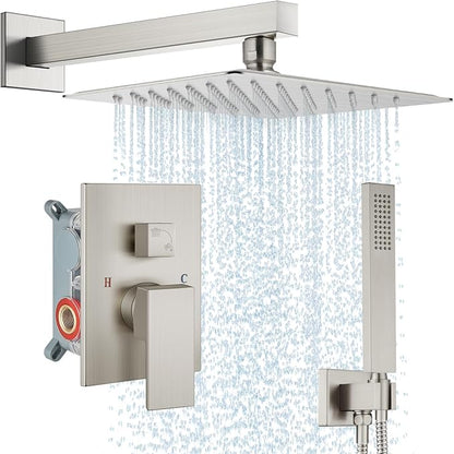 Midanya Shower Faucet Set,Wall Mount Shower System with Square Rain Shower Head and Hand Sprayer, Rough-in Valve Body and Trim Kit Included,12 Inch,Brushed Nickel