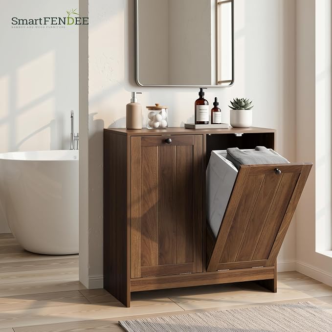Smart FENDEE Double Tilt Out Laundry Hamper Cabinet, 11.8 Gallon Hidden Trash Cabinets with 2 Baskets for Kitchen, Freestanding Small Bathroom Storage Cabinet Unit, Walnut