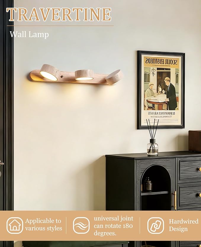 Natural Wood Vanity Light, 19.7 Inches Nordic Style Farmhouse Vanity Lights for Bathroom Wabi Sabi Travertine Wall Sconce with 360° Rotatable Natural Stone Lampshade and Wooden Base (3 Lights)