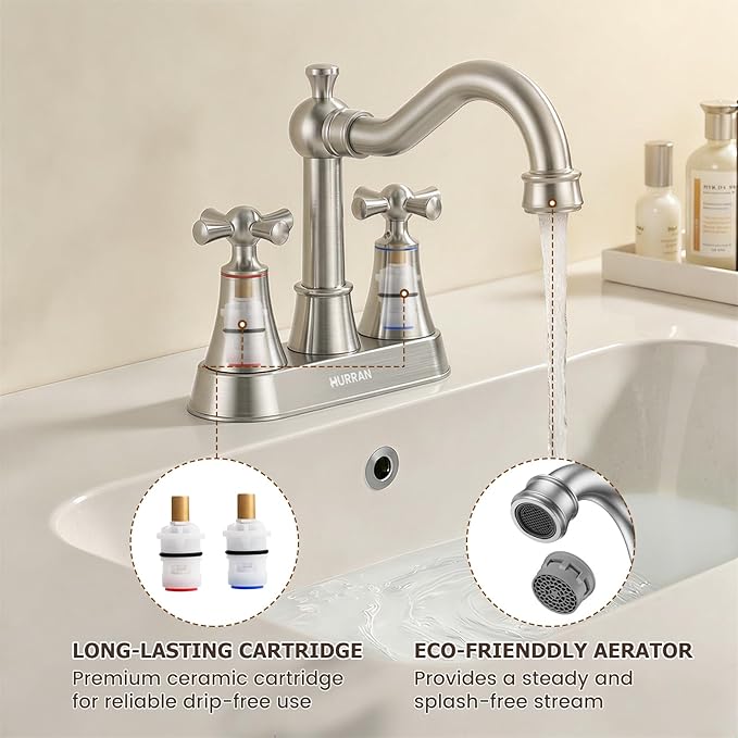 Hurran 4-inch Centerset Brushed Nickel Classical Bathroom Faucet, 2 Handles for 2 or 3 Hole Sink with 360° Swivel Spout, Pop Up Drain Assembly and Supply Hose for Vanity Sink Lavatory Faucet