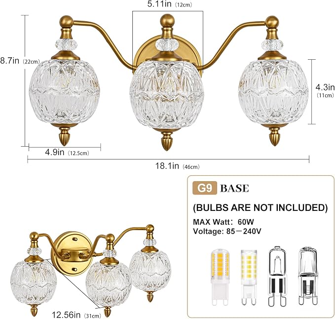 Vintage Bathroom Vanity Light, 3-Light Mid Century Matte Brass Finish Wall Sconce with Globe Glass Shades, Retro Mirror Light for Bathroom, Powder Room