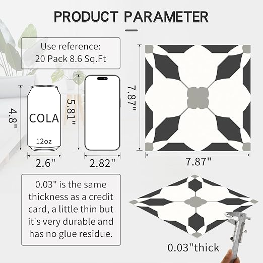 MORCART 20PCS 7.87" x 7.87" Peel and Stick Floor Tile, Black | Self-Adhesive DIY Vinyl Flooring, Removable and Waterproof Tile Sticker for Bathroom, Kitchen, Wall, Bedroom, Stairs