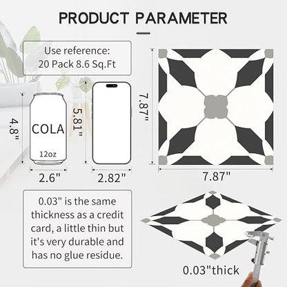 MORCART 20PCS 7.87" x 7.87" Peel and Stick Floor Tile, Black | Self-Adhesive DIY Vinyl Flooring, Removable and Waterproof Tile Sticker for Bathroom, Kitchen, Wall, Bedroom, Stairs