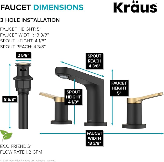 KRAUS Indy Widespread Bathroom Faucet in Spot-Free Brushed Brass/Matte Black with 2 Handles, Pop Up Drain and Supply Lines, FUS-14103SFBBMB