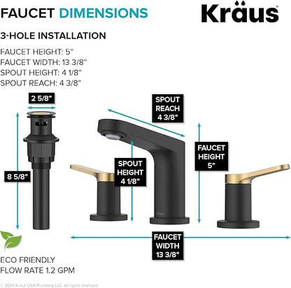 KRAUS Indy Widespread Bathroom Faucet in Spot-Free Brushed Brass/Matte Black with 2 Handles, Pop Up Drain and Supply Lines, FUS-14103SFBBMB
