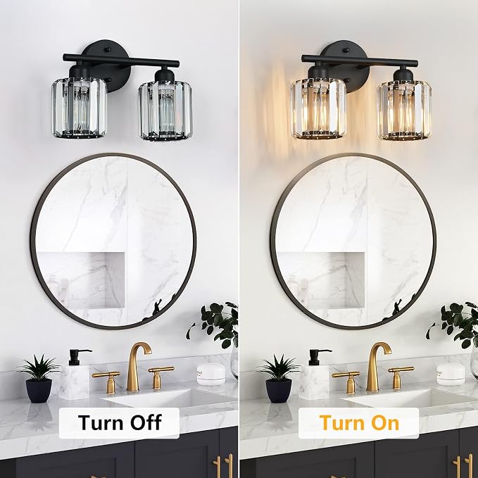 Modern 2 Light Crystal Vanity Light, Black Vertical Bathroom Light Fixture Over Mirror for Dressing Table Sink, Compatible with Dimmable Bulbs (Bulbs Not Included)