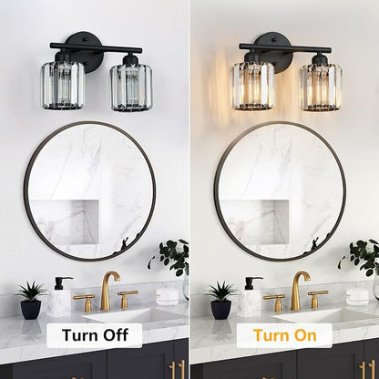 Modern 2 Light Crystal Vanity Light, Black Vertical Bathroom Light Fixture Over Mirror for Dressing Table Sink, Compatible with Dimmable Bulbs (Bulbs Not Included)