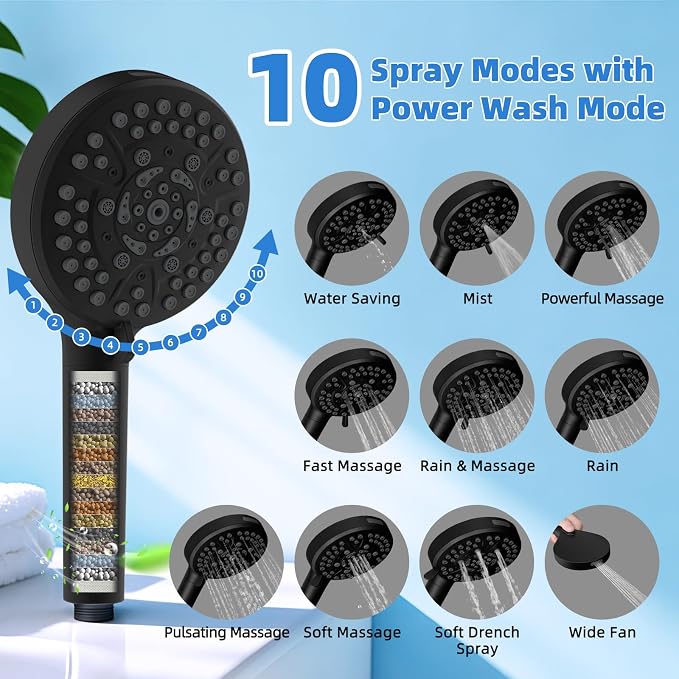 12" Metal Rain Shower Head with Handheld, 10-Mode with Filter, Easy Reach | Black High-Pressure Rainfall Showerhead, Upgraded 4-Way Diverter Pause Mode, Adjustable 16" Extension Arm/71" Hose/Holder