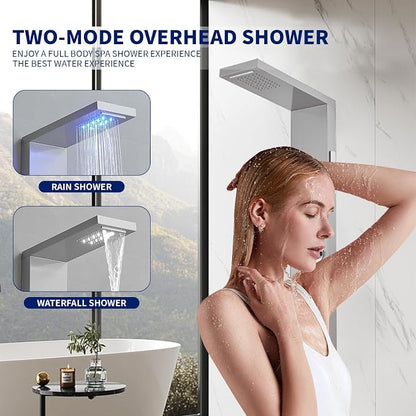 BWE 6 in 1 Shower Panel Tower System with LED Lights & Temp Display | Stainless Steel shower system with Rainfall, Waterfall, 2-Type Massage Jets, Handheld and Tub Spout, Brushed Nickel