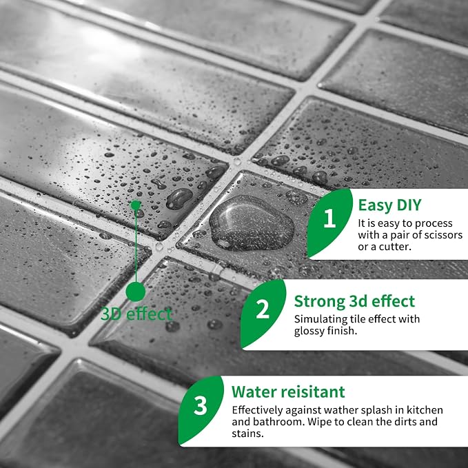 LONGKING 10-Sheet Smoky Black Peel and Stick Backsplash Tiles for Kitchen Wall, Kitchen Backsplash Wall Tile, Waterproof Back Splash Stick on Tiles for Bathroom | Peel and stick backsplash, self-adhesive wall tile, Black, waterproof, kitchen bathroom w...