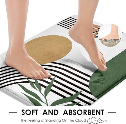 Bathroom Sets with Shower Curtain and Rugs, 4 Pcs, Boho Green | Minimalist Modern Abstract Bathroom Decor Set with Toilet Lid Cover, Non-Slip Bath Mats and 12 Hooks