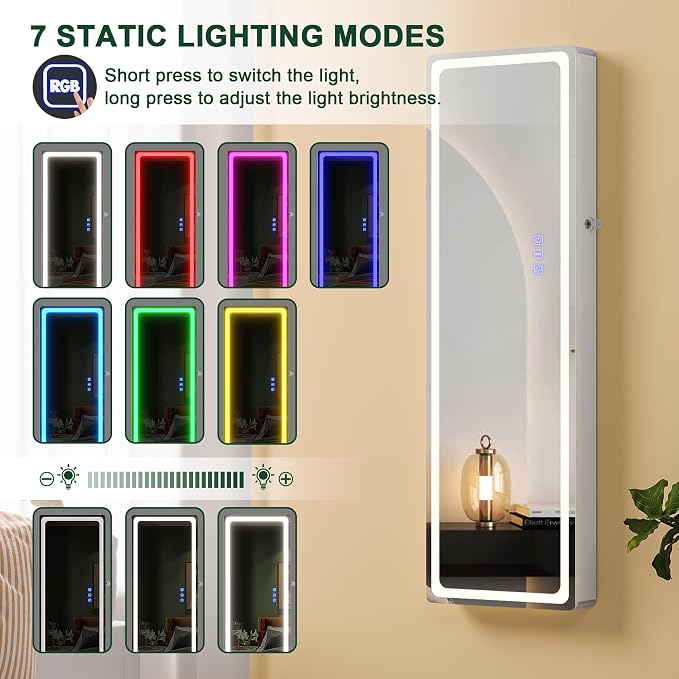 HNEBC Over the Door Jewelry Organizer with LED RGB Lights, 47.2" Full Length Mirror with Storage, Wall Mounted Jewelry Armoire, Hanging Mirror with 2 Drawers,Lokable,3 Shelves-White