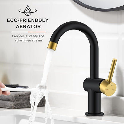 KENES Black and Gold Single Handle Bathroom Sink Faucet, Modern Prep Wet Bar Sink Faucet with Drain Assembly & Deck Plate, Vanity Faucets for Farmhouse RV Camper Utility, KE-9005B-BG