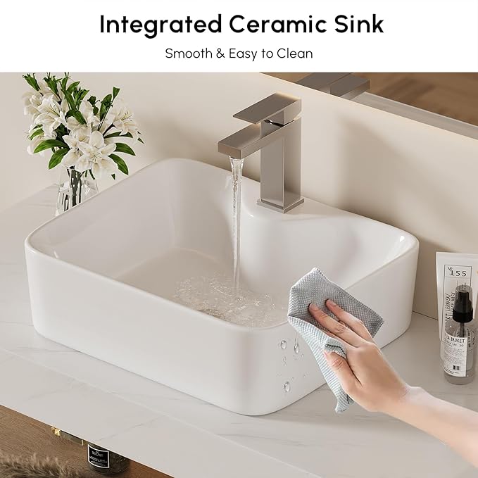 homary 35'' Floating Bathroom Vanity with Sintered Stone Countertop, Wall-Mounted Bathroom Cabinet with Ceramic Sink & Drawer Storage, Waterproof Modern Single Vanity, Natural
