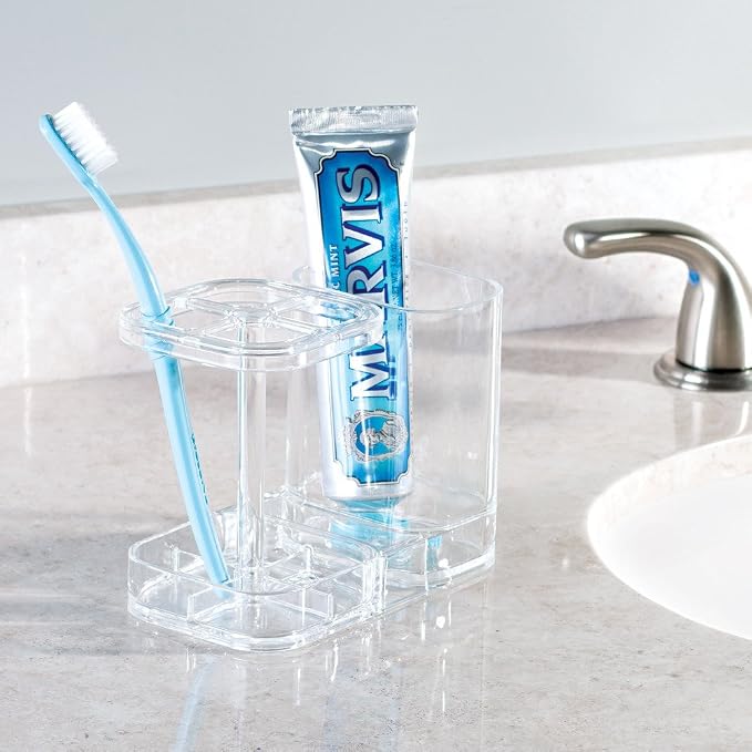 InterDesign Med+ BPA-Free Plastic Divided Toothbrush Holder - 5.6" x 3.25" x 4.55", Clear