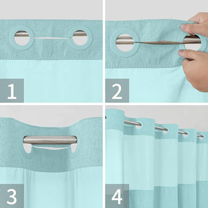 eachope No Hook Linen Texture Shower Curtain with Snap-in Liner,71x74 Teal | 230GSM Thick Fabric,Hotel Luxury Decor,Mesh Top Window,Magnetic Weighted Hem,Waterproof & Machine Washable,for Bathroom