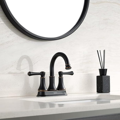 Oil Rubbed Bronze 2 Handle Centerset Bathroom Sink Faucet with Pop up Drain | TimeArrow Modern 4 Inch Bathroom Faucet, Vanity Lavatory Faucet 3 Holes with 360° Swivel Stainless Steel Spout, TAF067Y-ORB