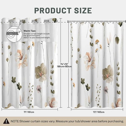 No Hook Floral Shower Curtain with Liner, Khaki, 71x74 | Snap in Liner, 3 in 1, Water Repellent, Easy Install, Machine Washable, Hotel Style for Bathroom, Watercolor Pattern