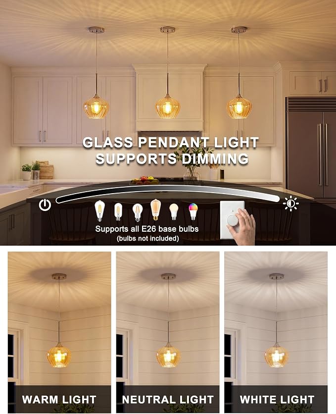 Amber Pendant Lights Kitchen Island, 7.7" Modern Glass Adjustable Pendant Lighting Brushed Nickel Hanging Light Fixtures for Kitchen, Dining Room, Sink, Bathroom
