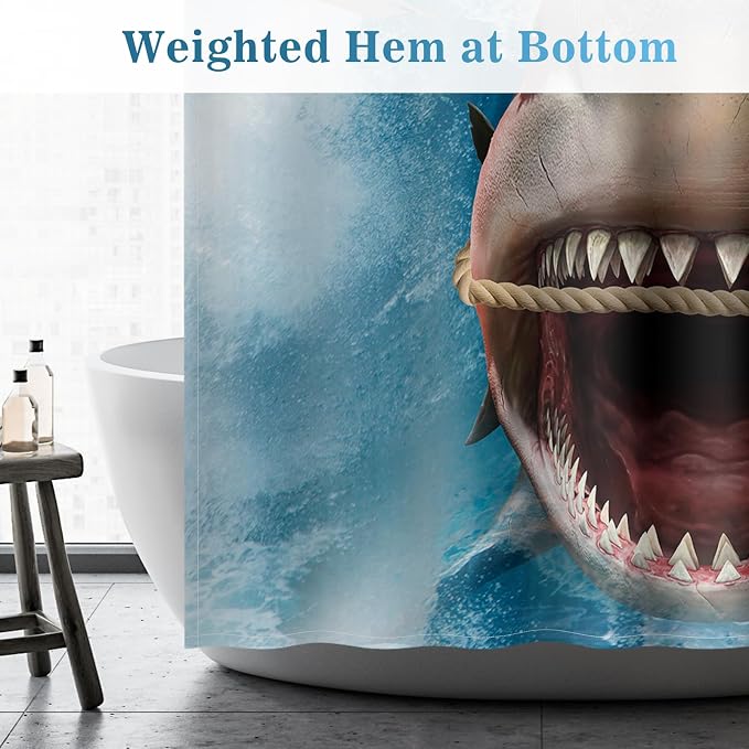 Aimego Long Funny Shower Curtain - Cute Cool Cat Riding Shark Ocean Wave Fun Fabric Cloth Shower Curtain Set with 12 Hooks for Adults Kids Bathroom Decor Accessories Bathtub Curtain, 72"x78"