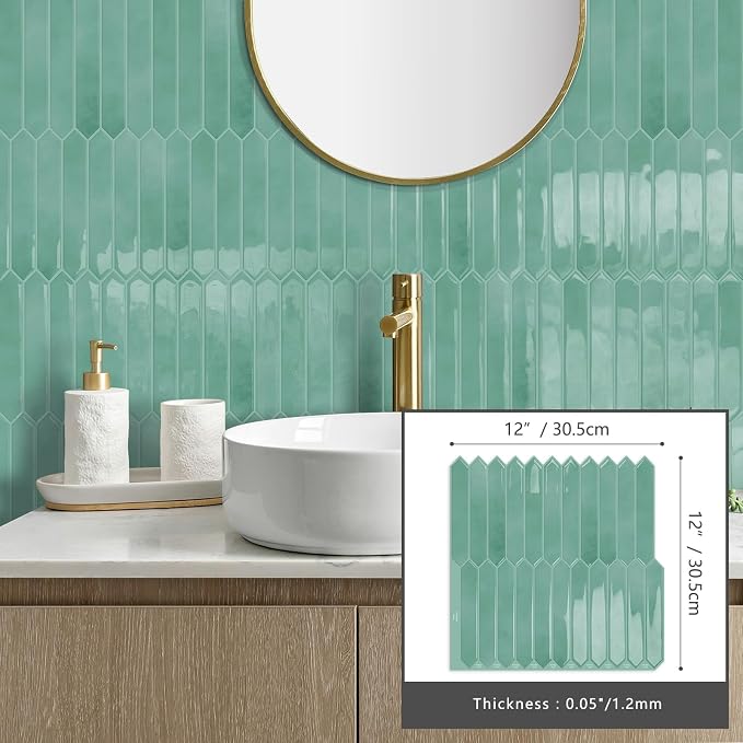 10 Sheets Long Hexagon Tile Peel and Stick Backsplash | Self-Adhesive Wall Tiles Stick on Back Splash for Kitchen, Bathroom, Fireplace,RV(Cyan,12"×12")