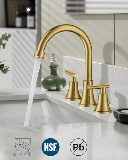 FORIOUS Gold Bathroom facuet 3 Hole, 8 inch Brushed Gold Bathroom Sink Faucet Widespread with 360° Swivel Spout and Spare Water-Saving Aerator and Drain, 3 Piece Vanity Tap for Restroom Upgrade