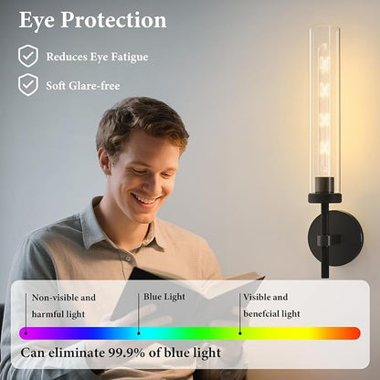 Brass Knurled Tube Wall Sconce - Luxury Modern Glass Sconces with Bulbs - Black Dimmable Indoor Lighting - Vertical Mounted Light Fixture for Vanity Mirror Bathroom Bedroom Living Room Hallway