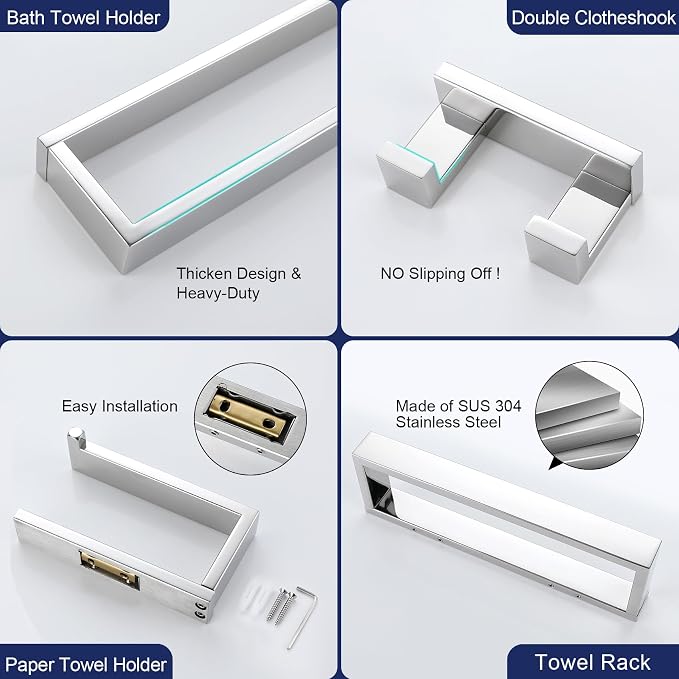 Lairuier Polished Chrome Bathroom Hardware Accessories, 4PCS Towel Bar Set | Including Towel Bar, Towel Holder, Toilet Paper Holder, Towel Hook, SUS304 Stainless Steel Bathroom Towel Holder Hardware Set