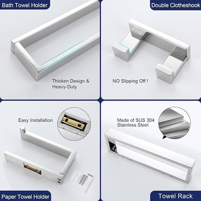 Lairuier Polished Chrome Bathroom Hardware Accessories, 4PCS Towel Bar Set | Including Towel Bar, Towel Holder, Toilet Paper Holder, Towel Hook, SUS304 Stainless Steel Bathroom Towel Holder Hardware Set