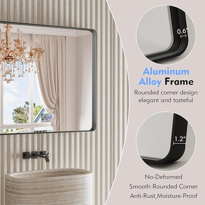 Black Bathroom Mirror 21X30 Inch, Black Metal Framed Mirror for Wall, Rounded Rectangle Matte Bathroom Vanity Mirror with Tempered Glass, Anti-Rust, Horizontal/Vertical