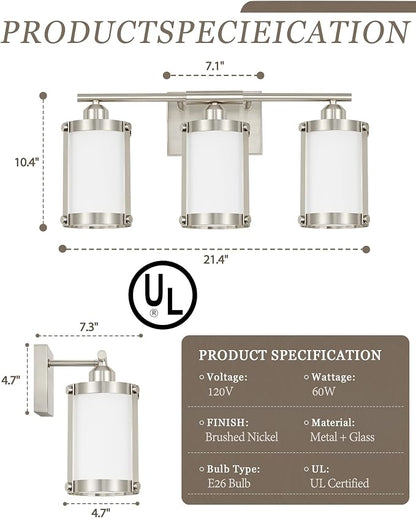 3-Light Brushed Nickel Bathroom Light Fixtures with Milk Frosted Glass, 21" Modern Bathroom Vanity Lighting Fixtures Over Mirror with Metal Cage, Wall Sconce Lights for Bath, E26, OS-3014BNW-3W