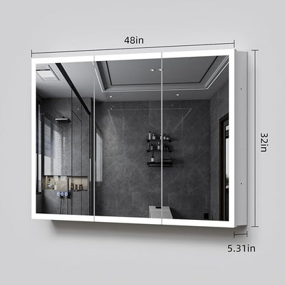 LED Lighted Medicine Cabinet with Mirror, 48x32 Inches, Recessed or Wall Mounted, Anti-Fog, 3 Color Temperature, Adjustable Brightness, Bathroom Storage Cabinet