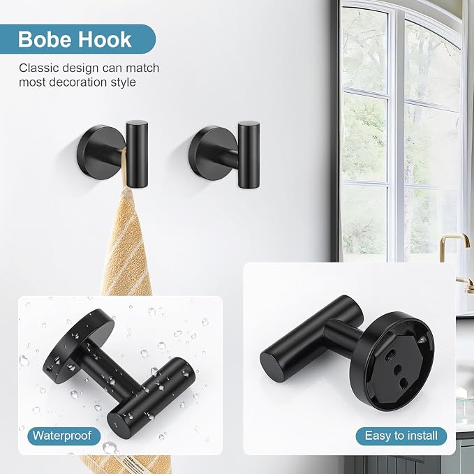 TQKAG 8-Pieces Bathroom Hardware Set, Matte Black Bath Towel Bar Set 23.6" | Towel Racks for Bathroom Wall Mounted, SUS304 Stainless Steel, Towel Bar Set Include Paper Holders, Towel Rings, Towel Hooks
