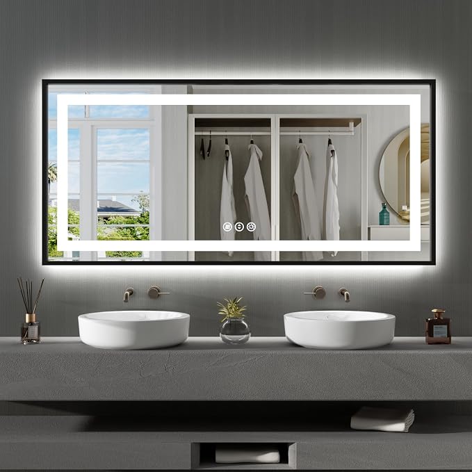 60"X28" LED Bathroom Mirror with Black Frame, Front Lit and Backlit | Metal Framed Mirror, Stepless Dimmable, HD Reflection, Anti-Fog, Shatter-Proof, Memory, 3 Colors Lighting, UL Listed.