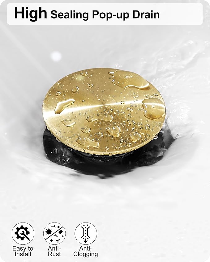 Brass Gold Vessel Sink Faucet, Tall Single Hole Bathroom Faucet for Vessel Sink Single Handle with Pop-Up Drain & Pre-Installed Hoses