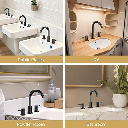 FORIOUS Black Bathroom Faucet 3 Hole, 360° Swivel 8 Inch Widespread Bathroom Sink Faucet with Deck Plate and Pop Up Drain 2 Handle Faucets for Sink, Vanity, RV, Lavatory, Farmhouse