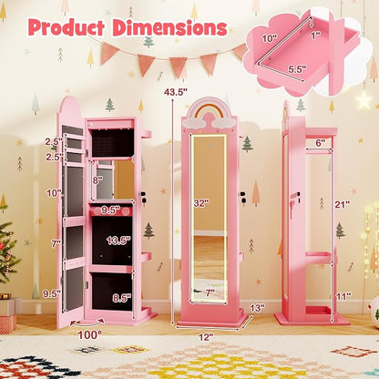 HONEY JOY Kids Jewelry Cabinet with LED Lights, Rainbow Standing Jewelry Armoire w/Full-Length Mirror & Makeup Mirror, Ring Slot, Lockable Princess Jewelry Organizer Storage for Toddler Girls(Pink)