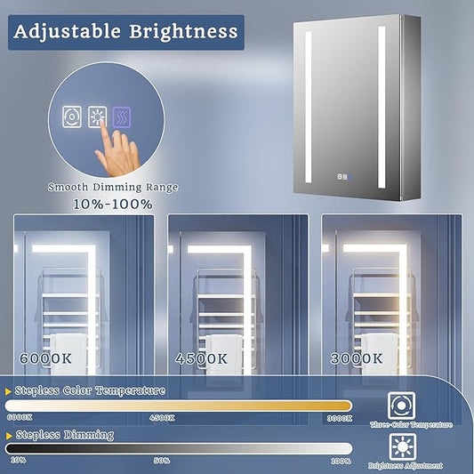 ExBrite Lighted Bathroom Medicine Cabinet, 20 x 26 Inch, Recessed or Surface led Medicine Cabinet, Defog, Stepless Dimming,Color Temper Change, 2 Outlets, Storage Shelves, Left Hinge