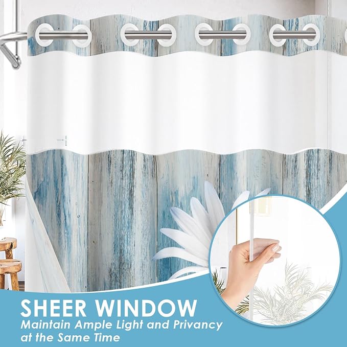No Hook Shower Curtain with Snap in Liner 54x80 Inch Daisy Floral | Wooden Rustic Blue Modern Double Layers Waterproof Fabric with See Through Top Window Open Grommet Bath Curtain