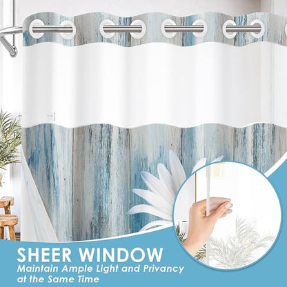 No Hook Shower Curtain with Snap in Liner 54x80 Inch Daisy Floral | Wooden Rustic Blue Modern Double Layers Waterproof Fabric with See Through Top Window Open Grommet Bath Curtain