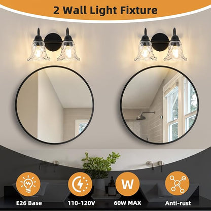 Bathroom Light Fixtures over Mirror, 2 Lights Vintage Wall Sconces with Hammered Glass Shade, 12.6" Matte Black Farmhouse Bathroom Wall Light Fixtures for Bedroom, Porch, Hotel, Mirror Cabinet