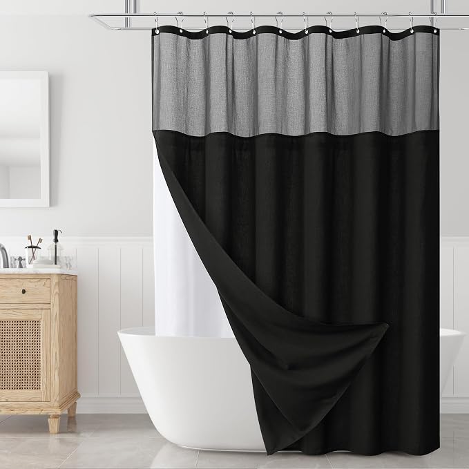 Linen Shower Curtain 72 Inch for Bathroom Black Double Layer | Curtains with Hook, Snap in Liner, Water Repellent, Boho Farmhouse, Modern Bath Decor, 1 Panel, 72x72