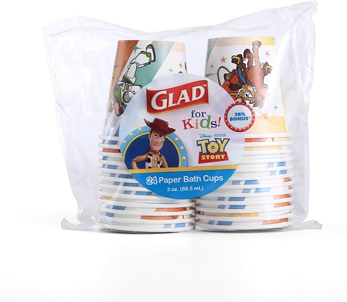 Glad for Kids Disney Pixar Toy Story Mini Paper Cups, 3 Oz, 20 Count | Soak-proof bathroom rinse cups sized for little hands, colorful Toy Story characters